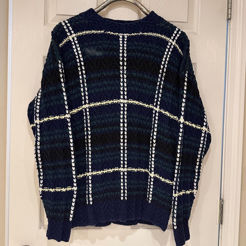Nautica Mens Blue Green Plaid Cable Knit Crewneck Sweater Size Medium
